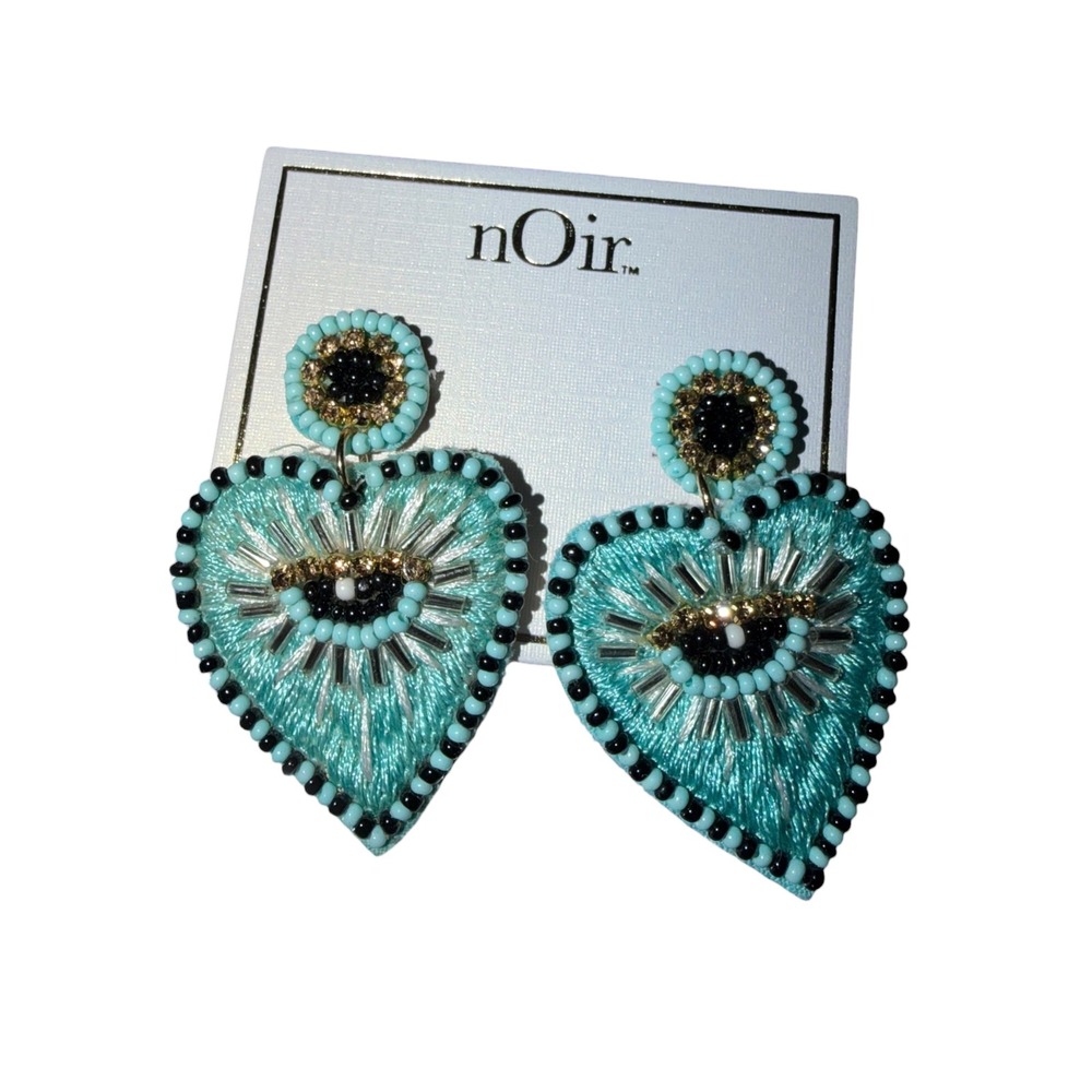 nOir Jewelry Turquoise Beaded Heart Evil Eye Drop Earrings Embroidered India